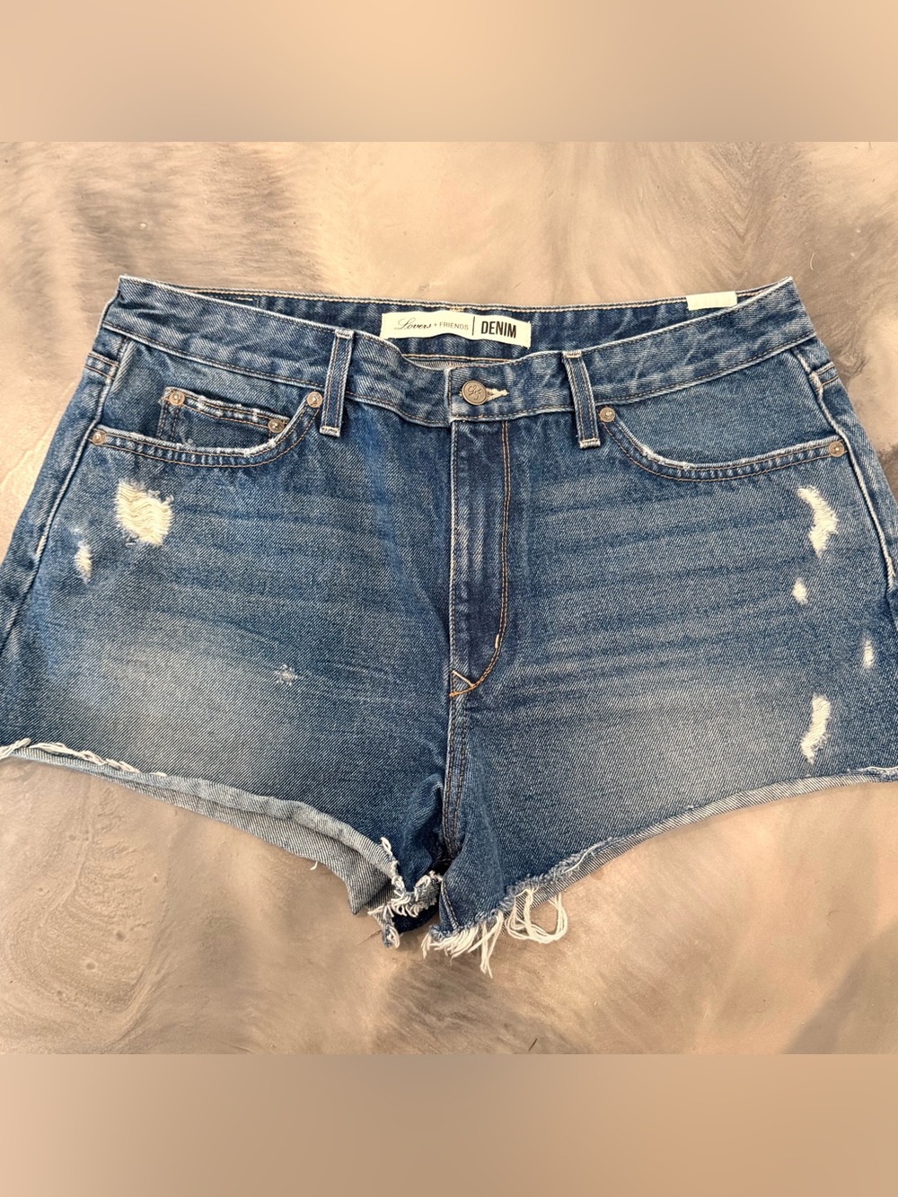Lovers + Friends Medium Blue Distressed High-Rise Jean Shorts